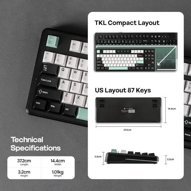 Alt view image 3 of 7 - MechLands AJAZZ AK870 V2 TKL Gasket Mechanical Keyboard, BT5.0/2.4GHz/USB-C Wireless Gaming Keyboard with 10000mAh Battery, RGB Backlits, 5-Layer Padding, NKRO for Win/Mac (Black Green)