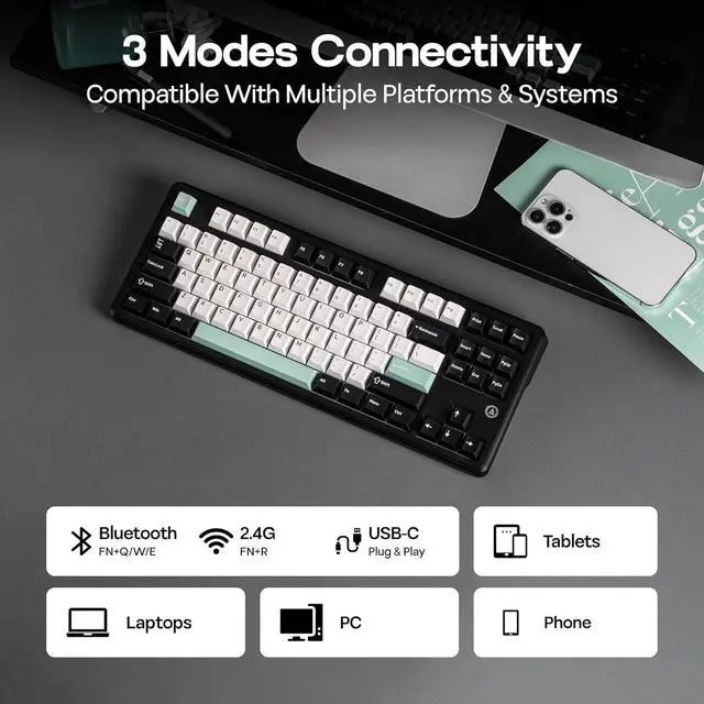 Alt view image 4 of 7 - MechLands AJAZZ AK870 V2 TKL Gasket Mechanical Keyboard, BT5.0/2.4GHz/USB-C Wireless Gaming Keyboard with 10000mAh Battery, RGB Backlits, 5-Layer Padding, NKRO for Win/Mac (Black Green)