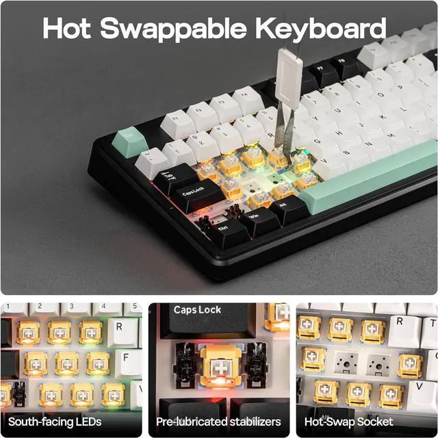 Alt view image 5 of 7 - MechLands AJAZZ AK870 V2 TKL Gasket Mechanical Keyboard, BT5.0/2.4GHz/USB-C Wireless Gaming Keyboard with 10000mAh Battery, RGB Backlits, 5-Layer Padding, NKRO for Win/Mac (Black Green)