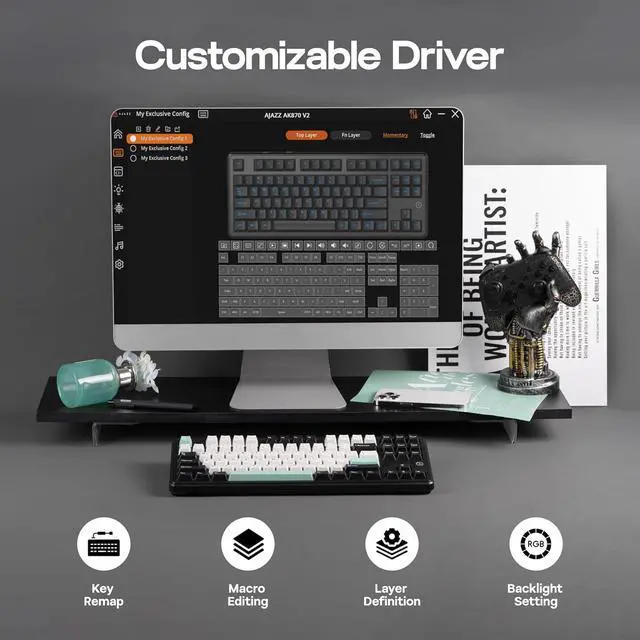 Alt view image 7 of 7 - MechLands AJAZZ AK870 V2 TKL Gasket Mechanical Keyboard, BT5.0/2.4GHz/USB-C Wireless Gaming Keyboard with 10000mAh Battery, RGB Backlits, 5-Layer Padding, NKRO for Win/Mac (Black Green)