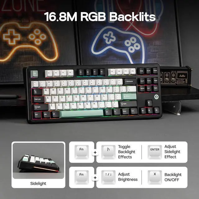 Alt view image 6 of 7 - MechLands AJAZZ AK870 V2 TKL Gasket Mechanical Keyboard, BT5.0/2.4GHz/USB-C Wireless Gaming Keyboard with 10000mAh Battery, RGB Backlits, 5-Layer Padding, NKRO for Win/Mac (Black Green)