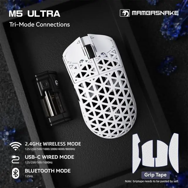 Alt view image 2 of 7 - MAMBASNAKE M5 Ultra Carbon Fiber 8KHz Wireless Gaming Mouse,PAW3950MAX Sensor 42K DPI,39g Lightweight Tri-Mode 2.4GHz/BT/Wired Computer Mice,Web Driver Support,for Win/Mac/FPS/MOBA/Esports-White (B)