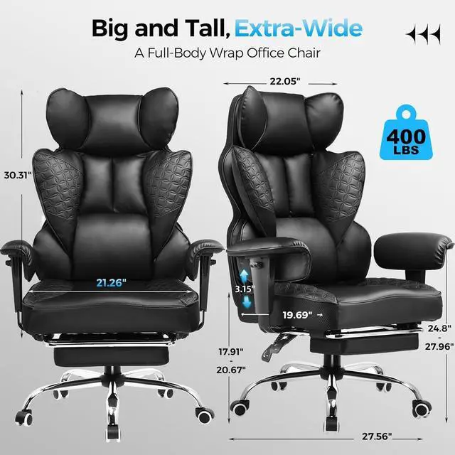Alt view image 2 of 7 - COMHOMA Big and Tall Office Chair 400LBS Wide Ergonomic Gaming Chair with Deluxe Embossing Designed Leather with Foot Rest,150°Reclining Adjustable Armrests Pocket Spring Back Support and Pillow