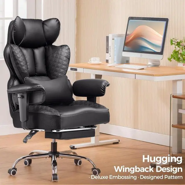 Alt view image 3 of 7 - COMHOMA Big and Tall Office Chair 400LBS Wide Ergonomic Gaming Chair with Deluxe Embossing Designed Leather with Foot Rest,150°Reclining Adjustable Armrests Pocket Spring Back Support and Pillow