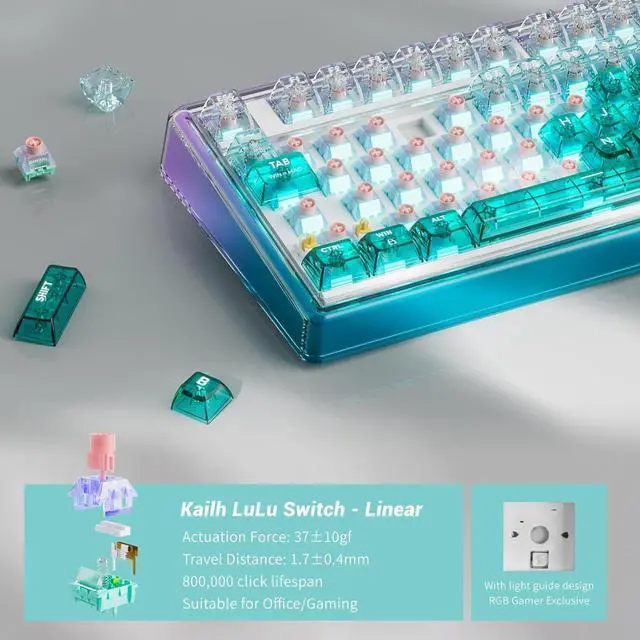 Alt view image 4 of 7 - Wireless Mechanical Keyboard with PC Transparent Keycaps, Hot Swappable Custom Keyboard with Number Pad, RGB Backlit, Lulu Switch for Windows Mac - Cosmic Violet