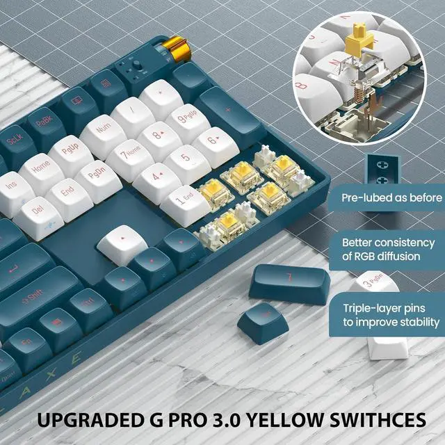 Alt view image 4 of 7 - R108 Wireless Mechanical Keyboard, G Pro 3.0 Yellow Switch, Hot Swappable Wired/Bluetooth/2.4G Wireless Keyboard with RGB Light for Windows & Mac, PBT Keycaps, Whale Blue