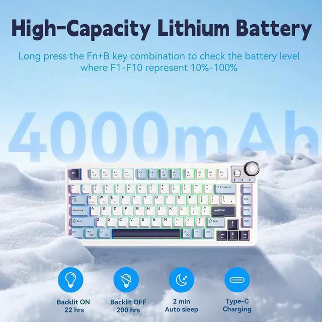 Alt view image 4 of 7 - Aula AU75 Mechanical Keyboard,Wireless Gaming Keyboard with Knob,75% Hot Swappable RGB Backlit Custom PBT Keycap for Windows/Mac - Seiya Switch,Blue