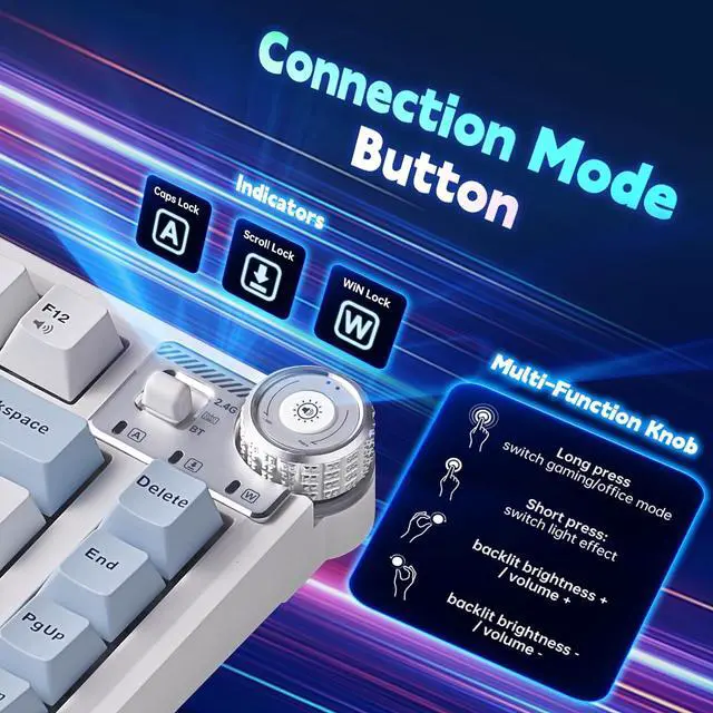 Alt view image 2 of 7 - Aula AU75 Mechanical Keyboard,Wireless Gaming Keyboard with Knob,75% Hot Swappable RGB Backlit Custom PBT Keycap for Windows/Mac - Seiya Switch,Blue