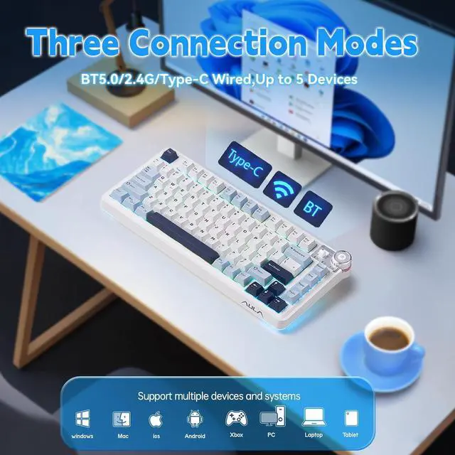 Alt view image 5 of 7 - Aula AU75 Mechanical Keyboard,Wireless Gaming Keyboard with Knob,75% Hot Swappable RGB Backlit Custom PBT Keycap for Windows/Mac - Seiya Switch,Blue