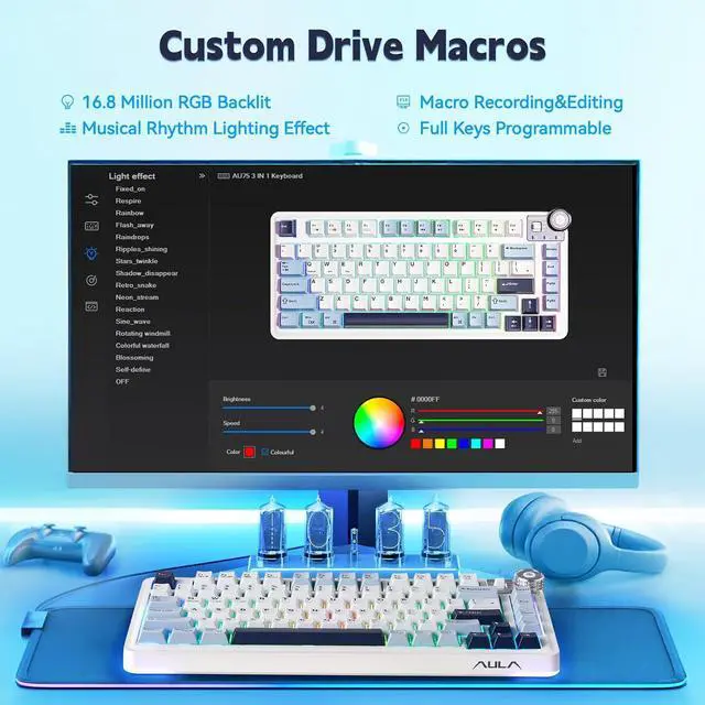 Alt view image 7 of 7 - Aula AU75 Mechanical Keyboard,Wireless Gaming Keyboard with Knob,75% Hot Swappable RGB Backlit Custom PBT Keycap for Windows/Mac - Seiya Switch,Blue