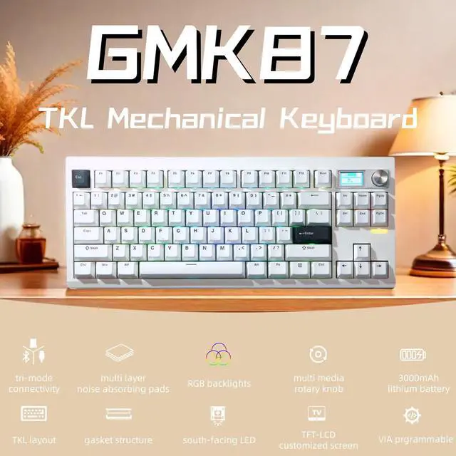 Alt view image 2 of 7 - GMK87 TKL Mechanical Keyboard,Tri-Mode Linear Switches PBT Keycaps 85 Keys+Rotary Knob+TFT-LCD Screen Hotswap Gasket Mounted,VIA Programmable RGB Gaming Keyboard (White, Brown Switch)