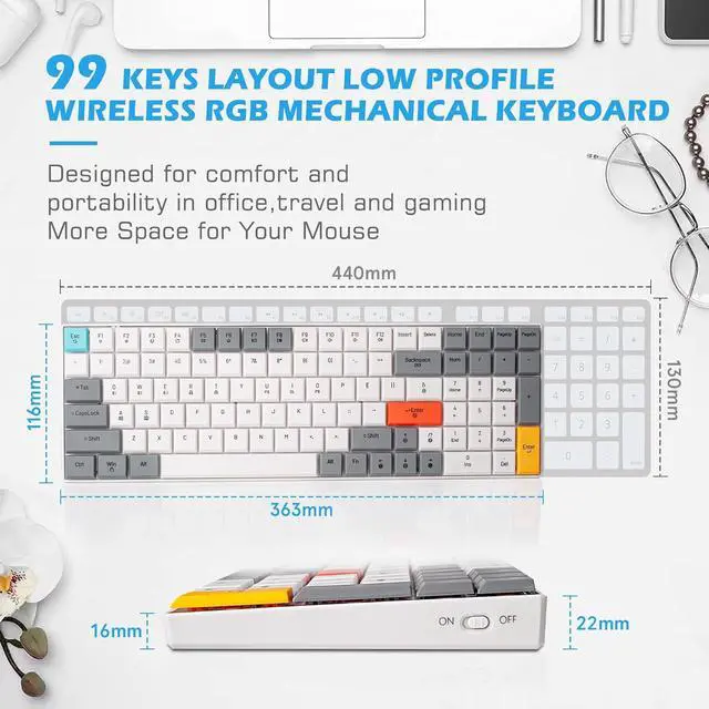 Alt view image 3 of 7 - K99 Mechanical Keyboard, Low Profile Wireless Keyboard, Supports Bluetooth 5.0, 2.4G and USB Wired Connection, Compatible with Windows and Mac OS Systems, Red Switch - White