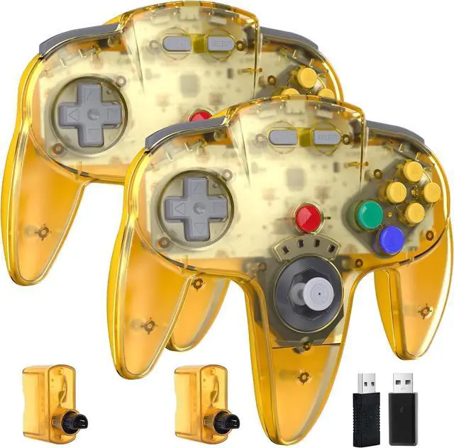 Main image of 2 Pack Wireless N64 Controller for Switch Games, 2.4GHZ Rechargeable Wireless N64 Remote Joystick PC Game Controller Compatible with Raspberry Pi, N64 System, MAC, Windows 7,8,10,11 Clear Yellow