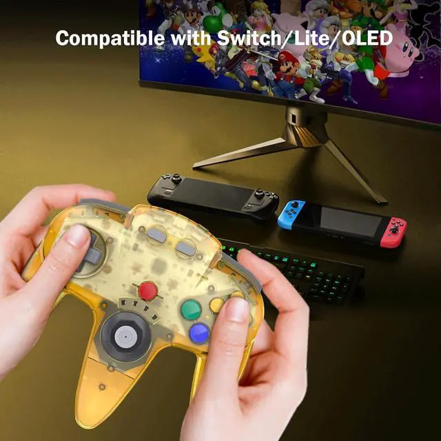 Alt view image 2 of 7 - 2 Pack Wireless N64 Controller for Switch Games, 2.4GHZ Rechargeable Wireless N64 Remote Joystick PC Game Controller Compatible with Raspberry Pi, N64 System, MAC, Windows 7,8,10,11 Clear Yellow