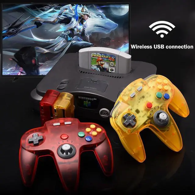 Alt view image 5 of 7 - 2 Pack Wireless N64 Controller for Switch Games, 2.4GHZ Rechargeable Wireless N64 Remote Joystick PC Game Controller Compatible with Raspberry Pi, N64 System, MAC, Windows 7,8,10,11 Clear Yellow