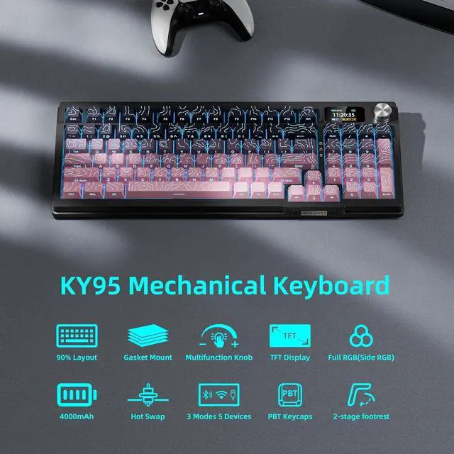 Alt view image 2 of 7 - KUTETHY Wireless Mechanical Keyboard,Smart Display & Knob,Tri-Mode BT5.0/2.4GHz/USB-C,Hot Swappable Pre-lubed Kailh Linear Switches,Contour keycaps,RGB Backlit Gaming Keyboard (Blackberry Contours)