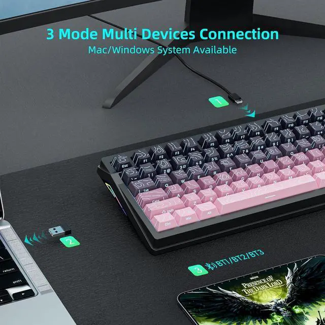 Alt view image 4 of 7 - KUTETHY Wireless Mechanical Keyboard,Smart Display & Knob,Tri-Mode BT5.0/2.4GHz/USB-C,Hot Swappable Pre-lubed Kailh Linear Switches,Contour keycaps,RGB Backlit Gaming Keyboard (Blackberry Contours)