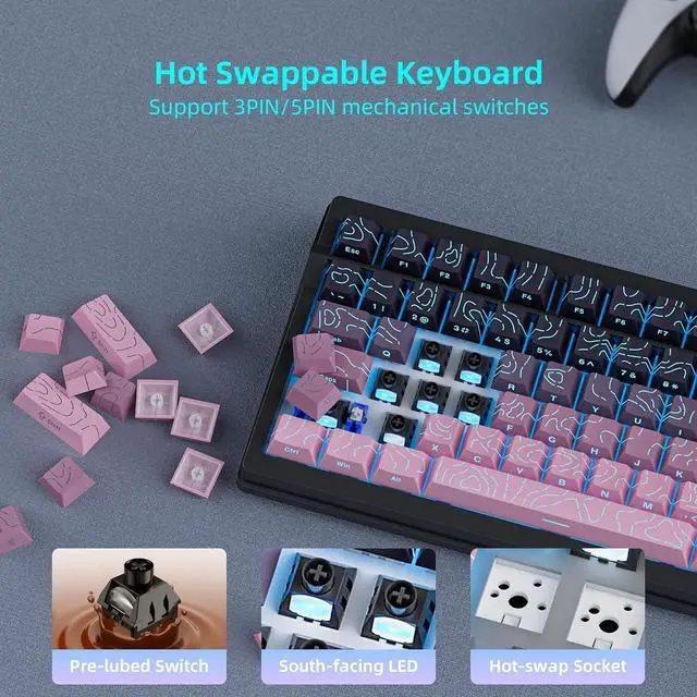 Alt view image 6 of 7 - KUTETHY Wireless Mechanical Keyboard,Smart Display & Knob,Tri-Mode BT5.0/2.4GHz/USB-C,Hot Swappable Pre-lubed Kailh Linear Switches,Contour keycaps,RGB Backlit Gaming Keyboard (Blackberry Contours)