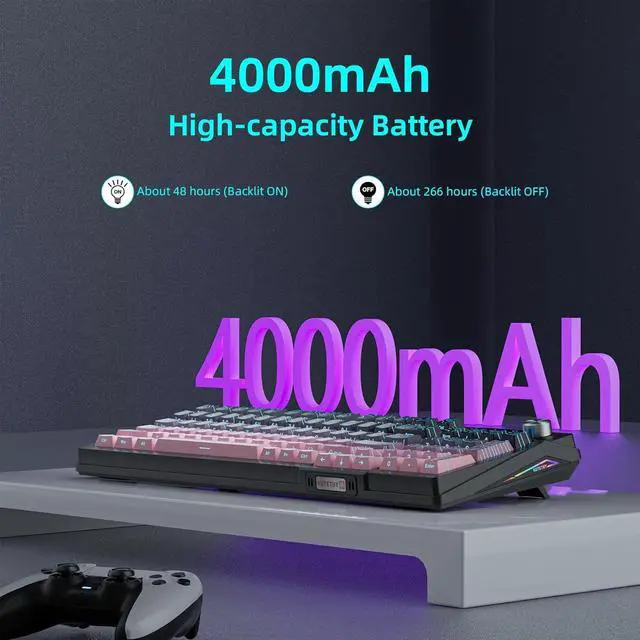 Alt view image 7 of 7 - KUTETHY Wireless Mechanical Keyboard,Smart Display & Knob,Tri-Mode BT5.0/2.4GHz/USB-C,Hot Swappable Pre-lubed Kailh Linear Switches,Contour keycaps,RGB Backlit Gaming Keyboard (Blackberry Contours)