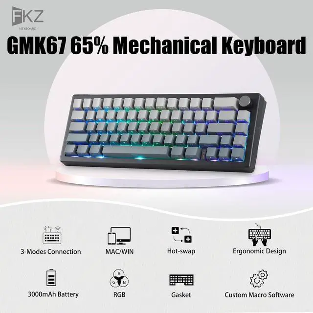 Alt view image 2 of 7 - FKZ GMK67 Mechanical Keyboard,65% Mini Hot Swappable Custom Keyboard Gasket Tri-Mode Wireless BT5.0/2.4G/USB-C Wired RGB Gaming Keyboard with Knob Linear Switch&PBT Keycaps (Black-Gray)
