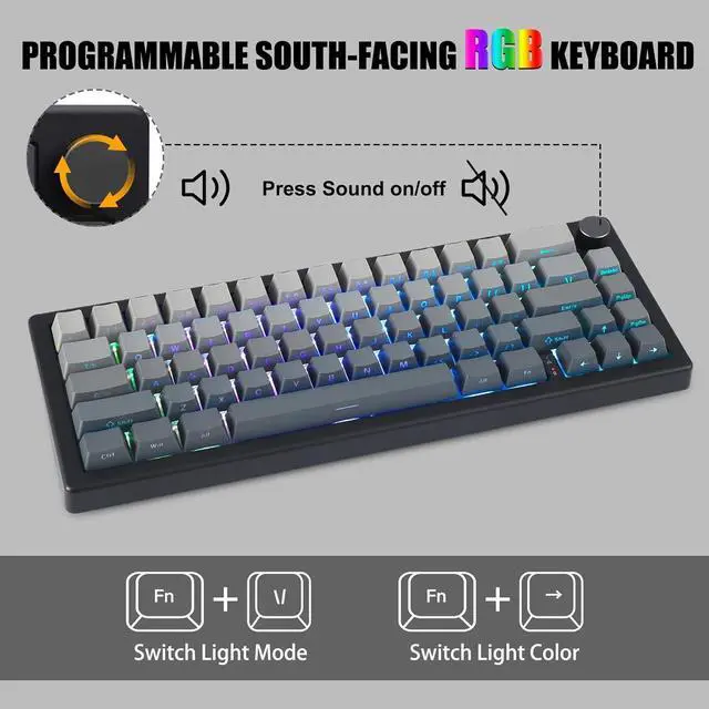 Alt view image 3 of 7 - FKZ GMK67 Mechanical Keyboard,65% Mini Hot Swappable Custom Keyboard Gasket Tri-Mode Wireless BT5.0/2.4G/USB-C Wired RGB Gaming Keyboard with Knob Linear Switch&PBT Keycaps (Black-Gray)