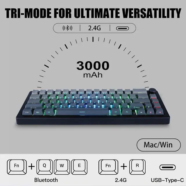Alt view image 6 of 7 - FKZ GMK67 Mechanical Keyboard,65% Mini Hot Swappable Custom Keyboard Gasket Tri-Mode Wireless BT5.0/2.4G/USB-C Wired RGB Gaming Keyboard with Knob Linear Switch&PBT Keycaps (Black-Gray)