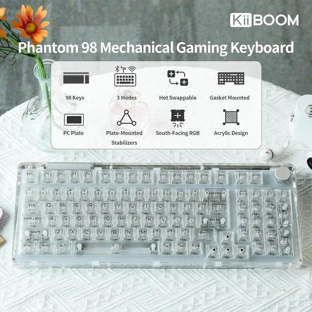 Alt view image 2 of 7 - KiiBoom Phantom 98 Hot Swappable Crystal Gasket-Mounted Mechanical Keyboard, Triple Mode NKRO Gaming Keyboard with South-Facing RGB, Clear Keycaps, 8000mAh Battery for Win/Mac (Clear)