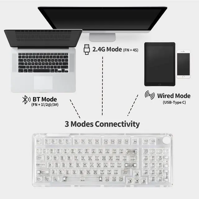 Alt view image 3 of 7 - KiiBoom Phantom 98 Hot Swappable Crystal Gasket-Mounted Mechanical Keyboard, Triple Mode NKRO Gaming Keyboard with South-Facing RGB, Clear Keycaps, 8000mAh Battery for Win/Mac (Clear)