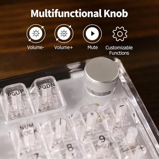 Alt view image 5 of 7 - KiiBoom Phantom 98 Hot Swappable Crystal Gasket-Mounted Mechanical Keyboard, Triple Mode NKRO Gaming Keyboard with South-Facing RGB, Clear Keycaps, 8000mAh Battery for Win/Mac (Clear)