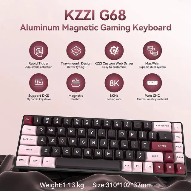 Alt view image 4 of 6 - KZZI CNC Magnetic Gaming Keyboard with Rapid Trigger, Hall Effect Switches, CNC Aluminum Frame,Adjustable Actuation 60% Compact TKL Mechanical Keyboard RGB PBT Keycaps for Linux/Win/Mac (Pink)
