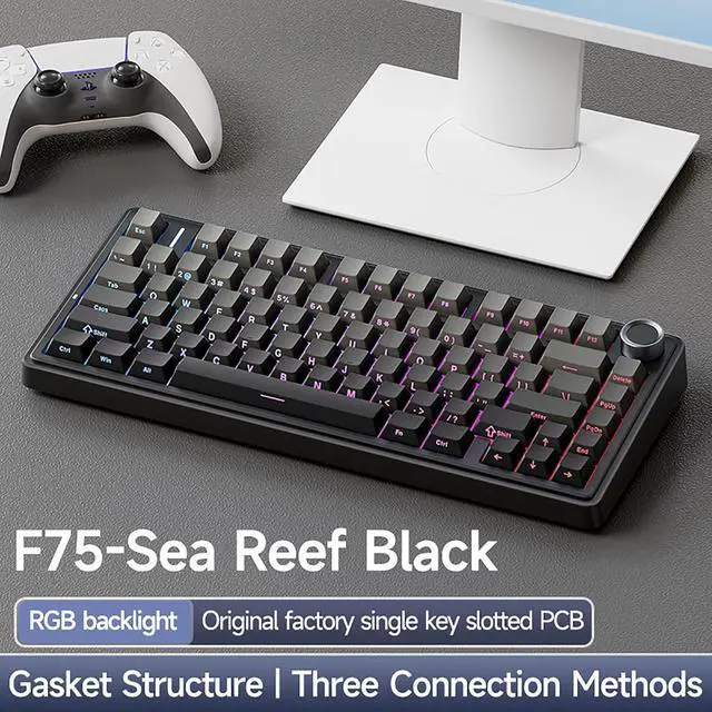 Alt view image 6 of 7 - MOLGRIA x Aula F75 Gaming Keyboard, Triple Mode Connected 75% Mechanical Keyboard with South-Facing RGB Backlit Shine-Through Hot Swappable Keycaps and Knob(Black Gradient)