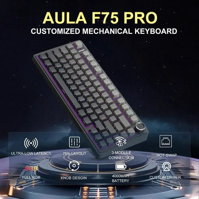 Alt view image 2 of 7 - MOLGRIA x Aula F75 Gaming Keyboard, Triple Mode Connected 75% Mechanical Keyboard with South-Facing RGB Backlit Shine-Through Hot Swappable Keycaps and Knob(Black Gradient)