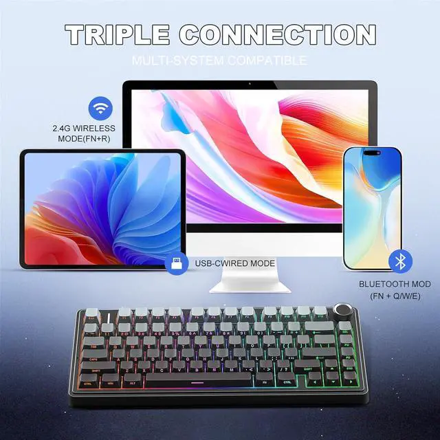 Alt view image 3 of 7 - MOLGRIA x Aula F75 Gaming Keyboard, Triple Mode Connected 75% Mechanical Keyboard with South-Facing RGB Backlit Shine-Through Hot Swappable Keycaps and Knob(Black Gradient)