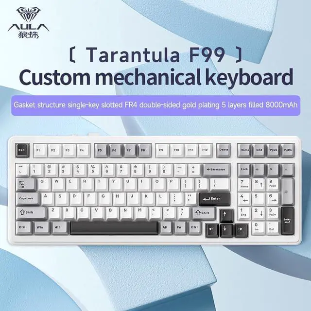 Alt view image 2 of 5 - Aula F99 Cherry Profile Mechanical Keyboard, Triple Mode Connected RGB Backlit Gaming Keyboard with Numpad for Gaming and Office(White with Grey and Black)