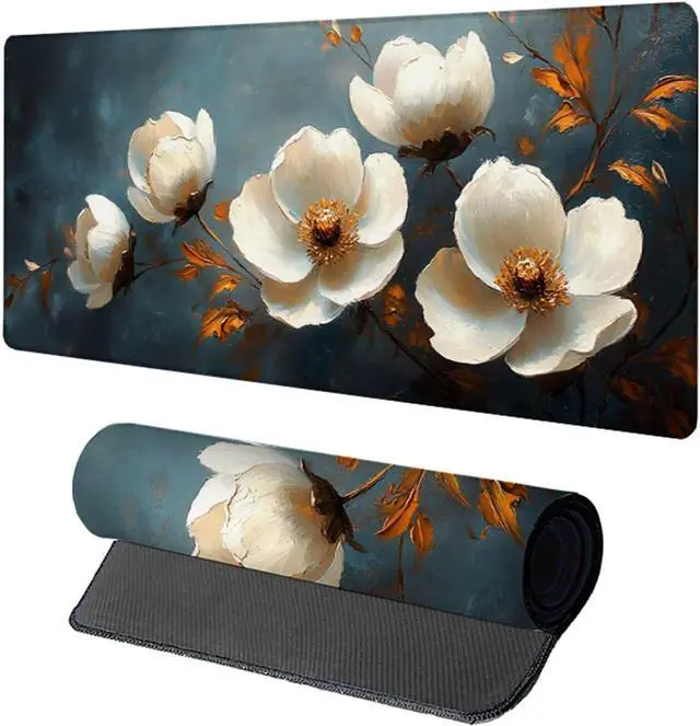 Main image of Flower Mouse Pad, Gaming Mouse Pad 48x24in, Desk Mat with Stitched Edges, Large Mousepad Waterproof, Gaming Accessories Keyboard Mat, Office Desk Accessories, for Gamer Computer Office, White F-4182