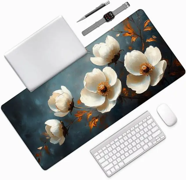Alt view image 3 of 7 - Flower Mouse Pad, Gaming Mouse Pad 48x24in, Desk Mat with Stitched Edges, Large Mousepad Waterproof, Gaming Accessories Keyboard Mat, Office Desk Accessories, for Gamer Computer Office, White F-4182