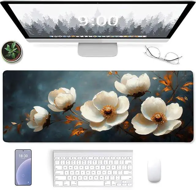 Alt view image 2 of 7 - Flower Mouse Pad, Gaming Mouse Pad 48x24in, Desk Mat with Stitched Edges, Large Mousepad Waterproof, Gaming Accessories Keyboard Mat, Office Desk Accessories, for Gamer Computer Office, White F-4182