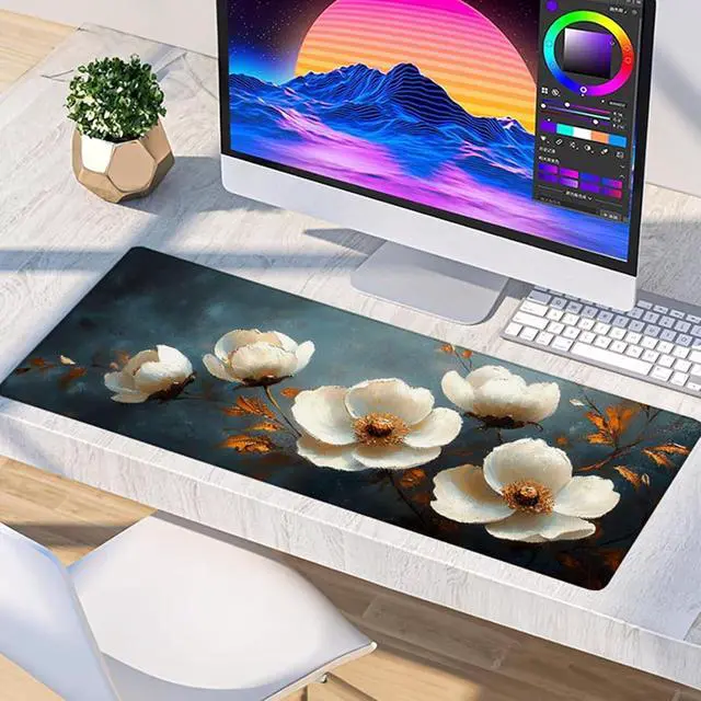 Alt view image 4 of 7 - Flower Mouse Pad, Gaming Mouse Pad 48x24in, Desk Mat with Stitched Edges, Large Mousepad Waterproof, Gaming Accessories Keyboard Mat, Office Desk Accessories, for Gamer Computer Office, White F-4182