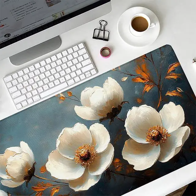 Alt view image 5 of 7 - Flower Mouse Pad, Gaming Mouse Pad 48x24in, Desk Mat with Stitched Edges, Large Mousepad Waterproof, Gaming Accessories Keyboard Mat, Office Desk Accessories, for Gamer Computer Office, White F-4182