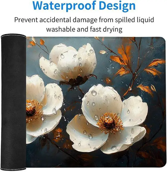 Alt view image 6 of 7 - Flower Mouse Pad, Gaming Mouse Pad 48x24in, Desk Mat with Stitched Edges, Large Mousepad Waterproof, Gaming Accessories Keyboard Mat, Office Desk Accessories, for Gamer Computer Office, White F-4182