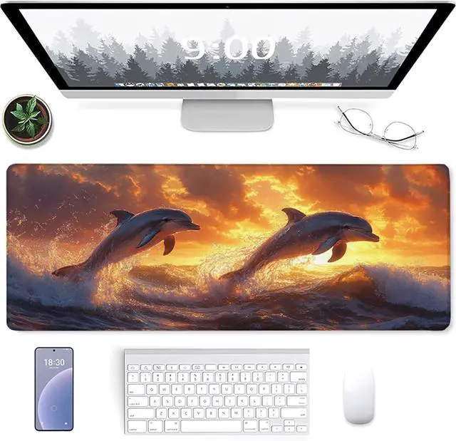 Alt view image 2 of 7 - Dolphin Gaming Mouse Pad, Mouse Pad 48x24in, Large Desk Mat with Non-Slip Rubber Base, Office Desk Accessories, Large Extended Gaming Keyboard Mat, Big Mousepad for Computer Gamer Office, Yellow U-979