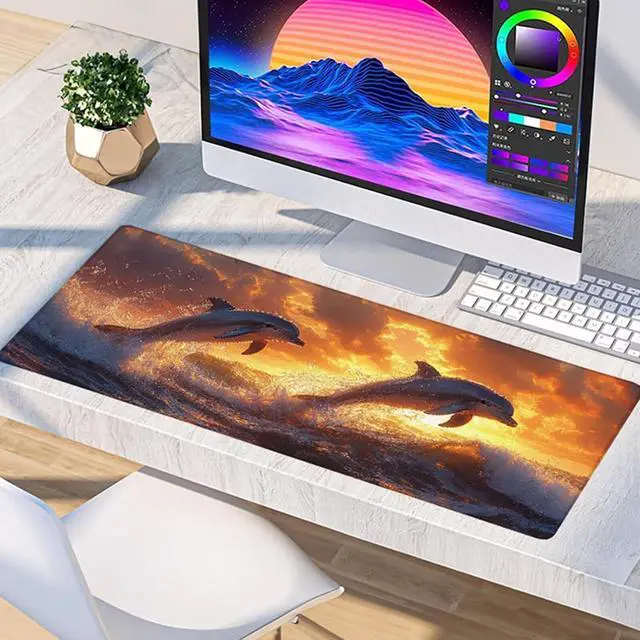 Alt view image 4 of 7 - Dolphin Gaming Mouse Pad, Mouse Pad 48x24in, Large Desk Mat with Non-Slip Rubber Base, Office Desk Accessories, Large Extended Gaming Keyboard Mat, Big Mousepad for Computer Gamer Office, Yellow U-979