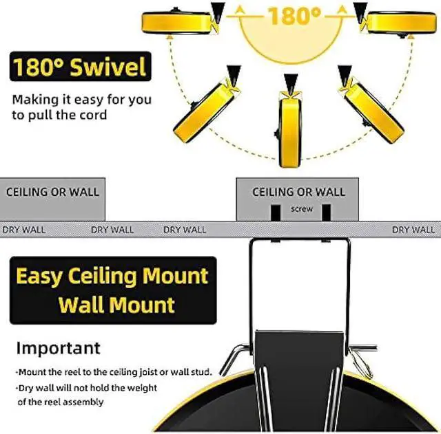 Alt view image 6 of 7 - 30 Ft Retractable Extension Cord Reel with 3 Electrical Power Outlets - 16/3 SJTW Power Cord,10 AMP Circuit Breaker - Ceiling or Wall Mount for Garage,UL Listed,Yellow