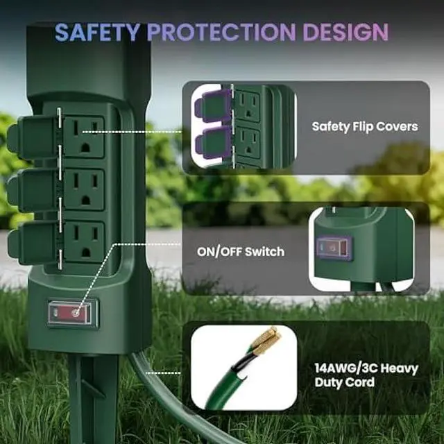 Alt view image 3 of 5 - K KASONIC Outdoor Power Stake, Kasonic 6-Outlet 9 ft Extension Cord Power Strip, Double Sided with Weatherproof Safety Flip Covers, ETL Certified Multi-Outlets (Outdoor)