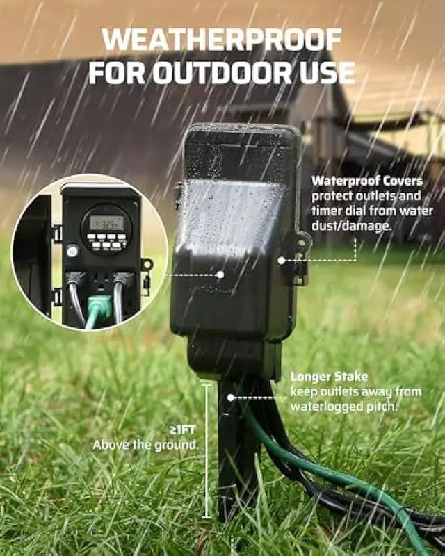 Alt view image 5 of 5 - DEWENWILS Outdoor Digital Power Strip Timer, Outdoor Multi Socket Timer, Waterproof 6 Outlet Garden Power Stake, 6ft Cord, Outdoor Timer for Halloween/Christmas Lights, Yard, Garden, 15A Heavy Duty