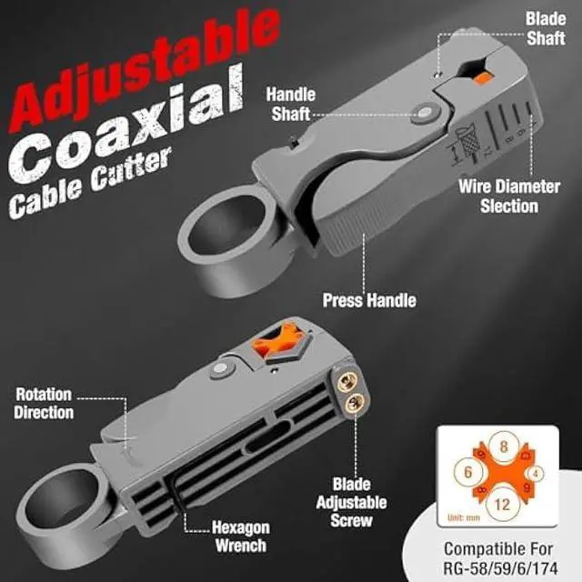 Alt view image 2 of 5 - Coaxial Cable Crimper for RG59, RG6, 3-in-1 Coax Cable Repair Kit with Wire Stripper Adjustable for RG59, RG11, RG7, F-Type RG6 Connector for Satellite TV, Home Theater and Network Cabling (19)