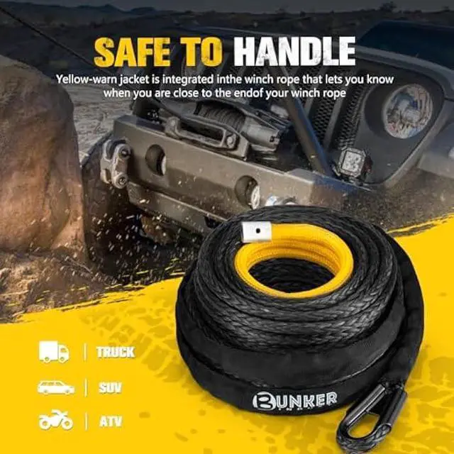 Alt view image 4 of 6 - BUNKER INDUST Synthetic Winch Rope 3/8 x 85', 25000 Ibs Winch Cable Replacement with Protective Sleeve for Recovery Off Road ATV UTV SUV Truck,1 Pcs Black Winch Line