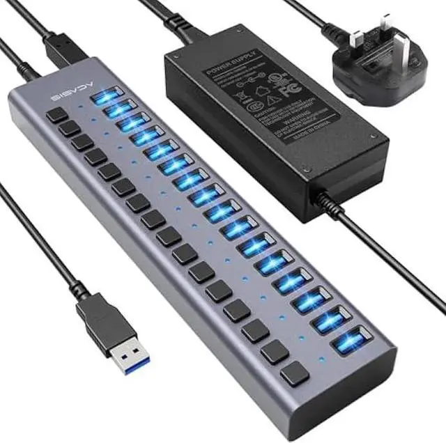 Main image of 90W Powered USB Hub - ACASIS 16 Ports USB 3.0 Data Port, Aluminum Housing, Individual On/Off Switches, 12V/7.5A Power Adapter, USB Splitter for Laptop, PC, Computer, Printer