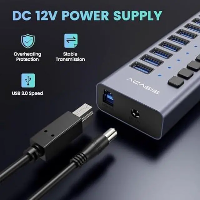 Alt view image 4 of 5 - 90W Powered USB Hub - ACASIS 16 Ports USB 3.0 Data Port, Aluminum Housing, Individual On/Off Switches, 12V/7.5A Power Adapter, USB Splitter for Laptop, PC, Computer, Printer