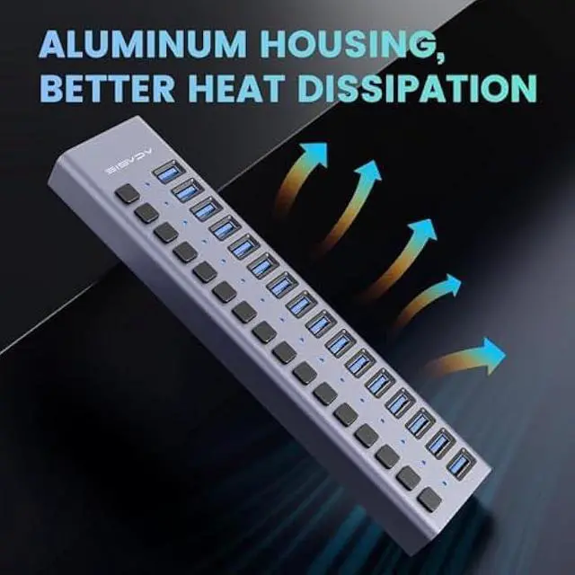 Alt view image 5 of 5 - 90W Powered USB Hub - ACASIS 16 Ports USB 3.0 Data Port, Aluminum Housing, Individual On/Off Switches, 12V/7.5A Power Adapter, USB Splitter for Laptop, PC, Computer, Printer